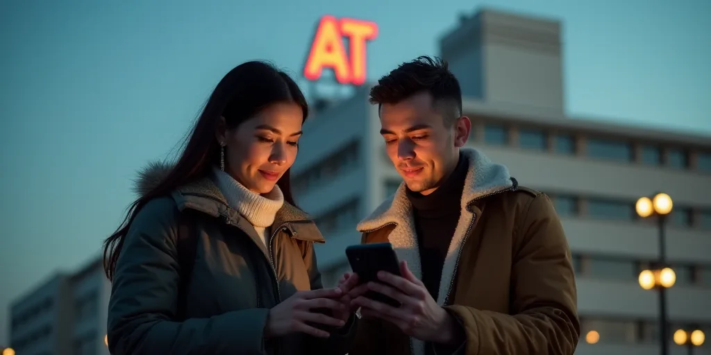 a couple of people that are looking at a cell phone together in front of a building with a at sign,