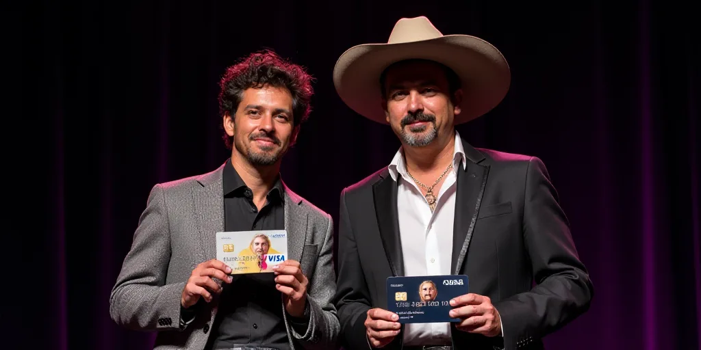 a couple of people that are standing up on a stage with a visa card in front of them and a picture o