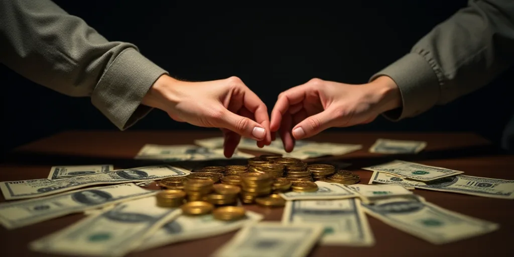 a couple of people that are touching each other's hands over a table full of money coins and coins,