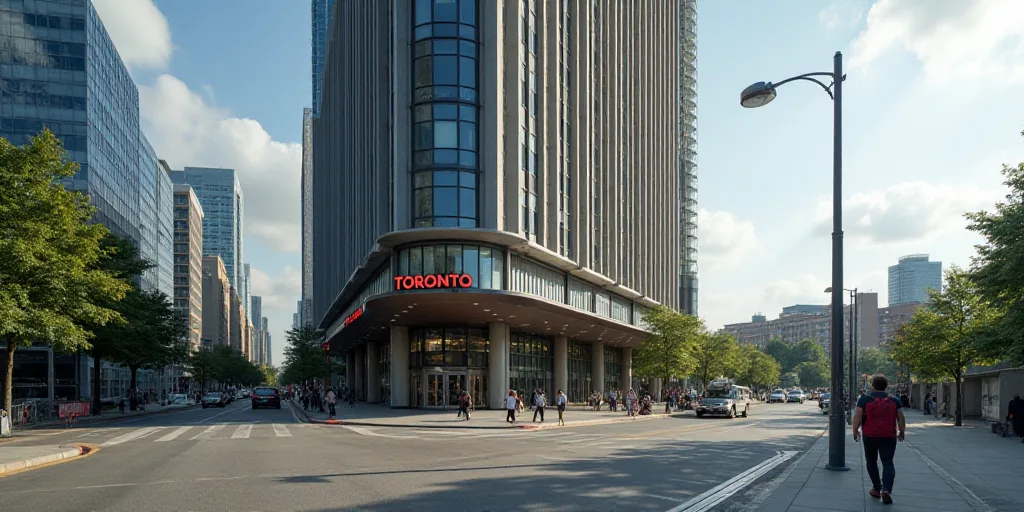 a couple of people walking down a street next to a tall building with a sign on it that says toronto