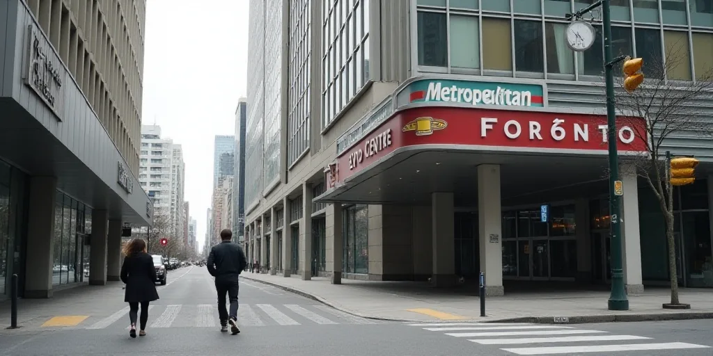 a couple of people walking down a street next to a tall building with a sign on it that says toronto
