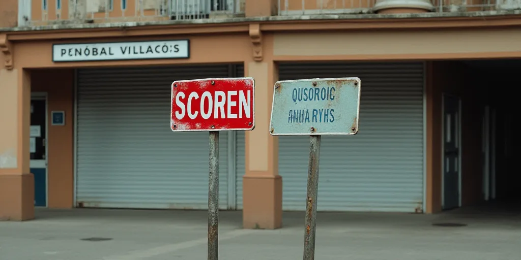 a couple of signs on a pole in front of a building with closed doors and a sign that says,, Aníbal