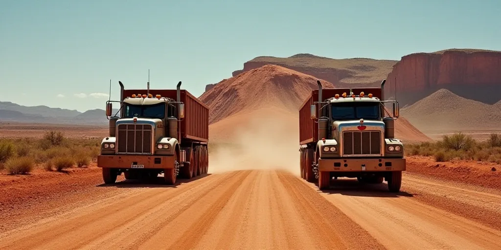 a couple of trucks are parked in front of a mountain side road with a large pile of dirt behind them