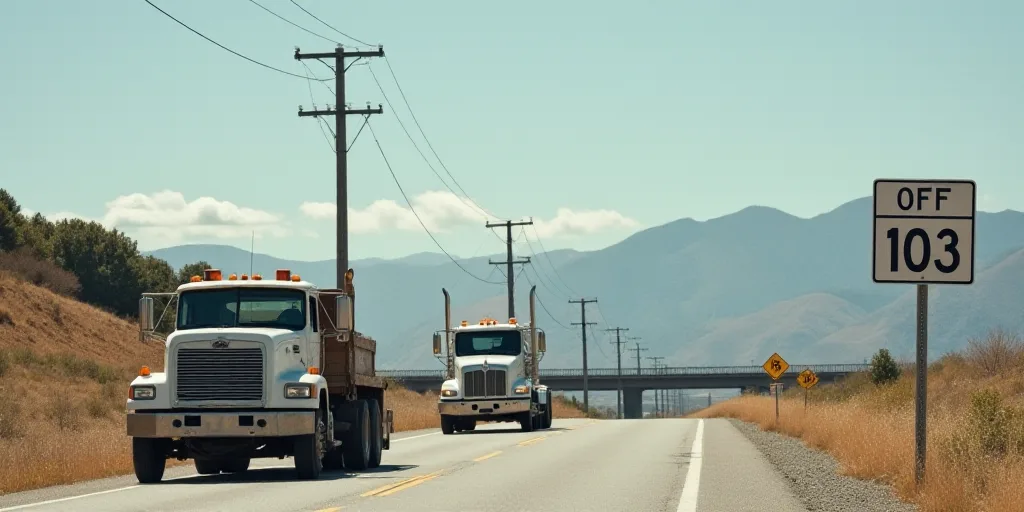 a couple of trucks are parked on the side of the road near a bridge and a road sign that says off 10
