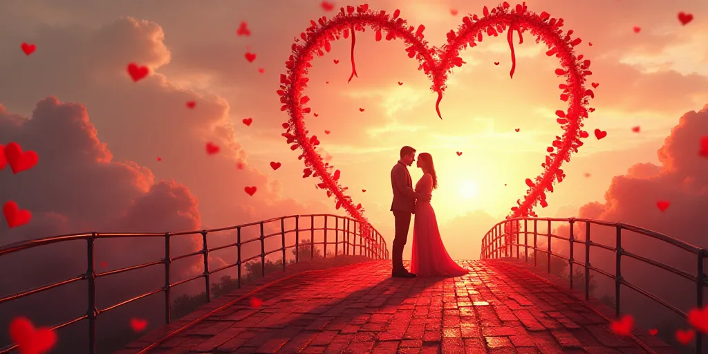 a couple standing on a bridge surrounded by red ribbons and ribbons in the shape of a heart and a ma
