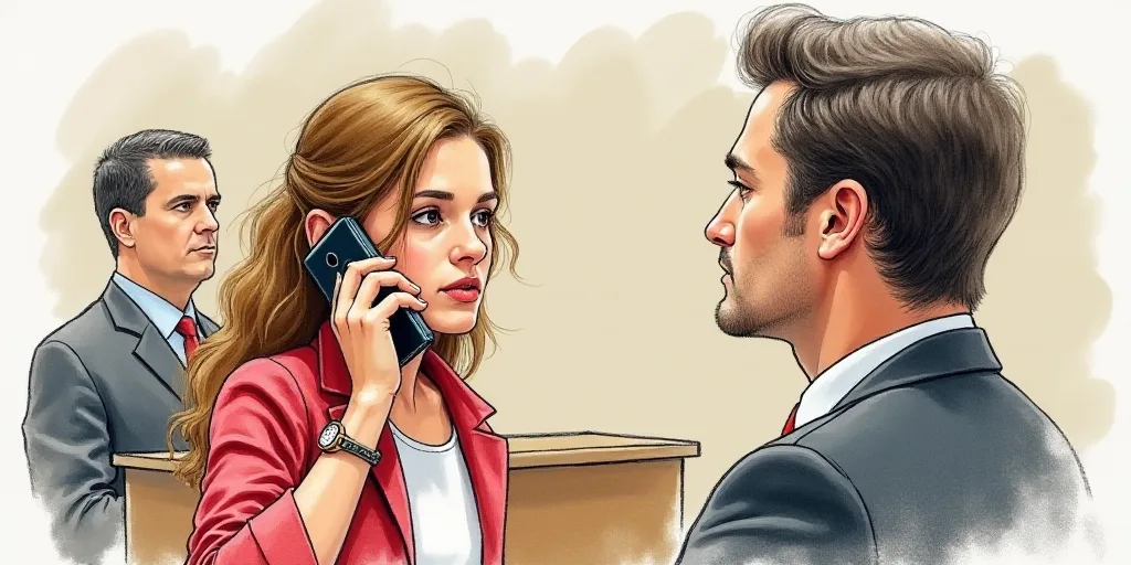 a courtroom drawing of a woman holding a cell phone to her ear and a man in the background looking a