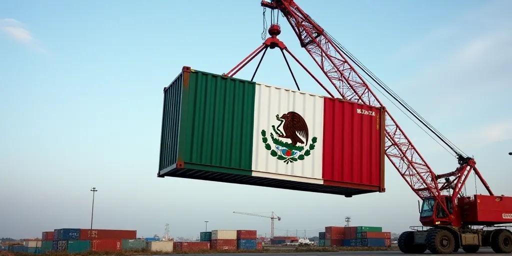 a crane is lifting a container with the flag of mexico on it to be lifted by a crane in the air, Aqu