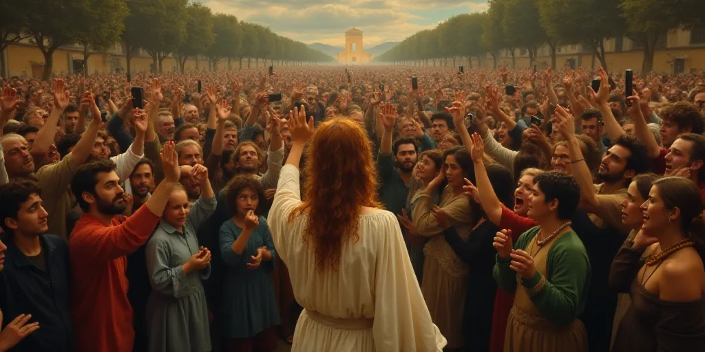 a crowd of people are holding up their cell phones and waving at the camera woman in the middle of t