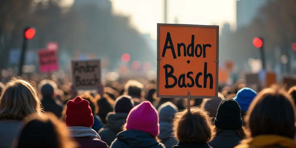 a crowd of people holding signs and wearing hats and scarves, all holding up signs with the same wor
