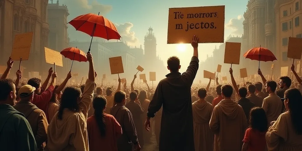 a crowd of people holding up signs and umbrellas in the air with a man holding a sign in the air, Fe