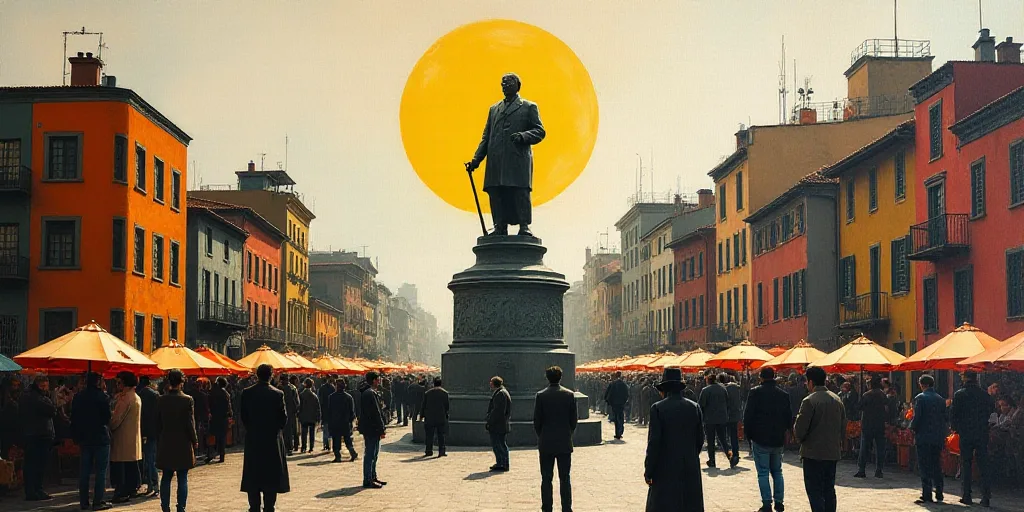 a crowd of people standing around a street with umbrellas and a statue in the background with buildi