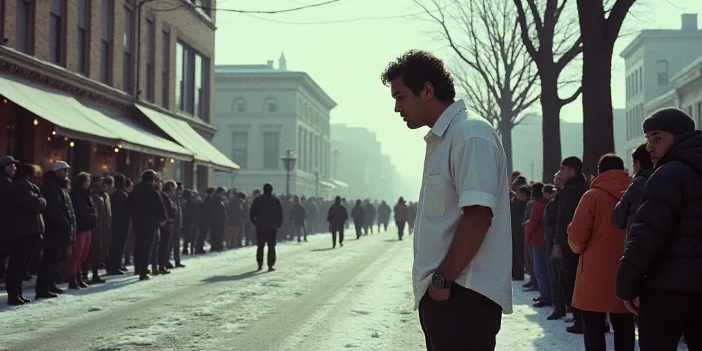 a crowd of people standing in a street next to a building and trees and a man in a white shirt, Estu