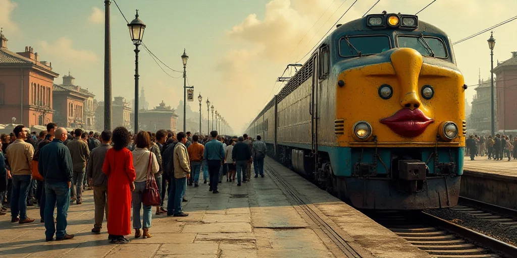 a crowd of people standing on a train platform next to a train with a face mask on it's face, David