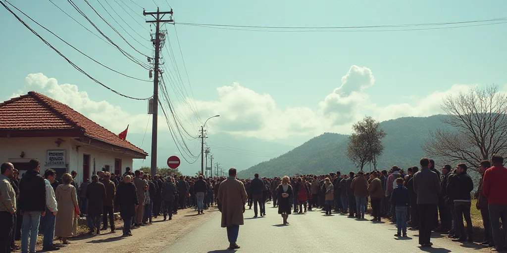 a crowd of people standing on the side of a road next to a street light and a building with a red ro