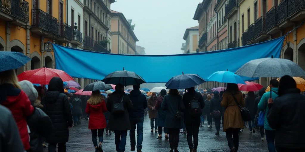 a crowd of people walking down a street holding umbrellas in the rain and a blue tarp over them, Cef