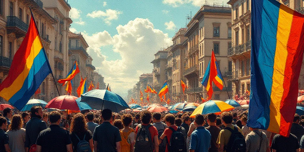 a crowd of people with flags and umbrellas in a city street, some holding flags and a large flag, Ed