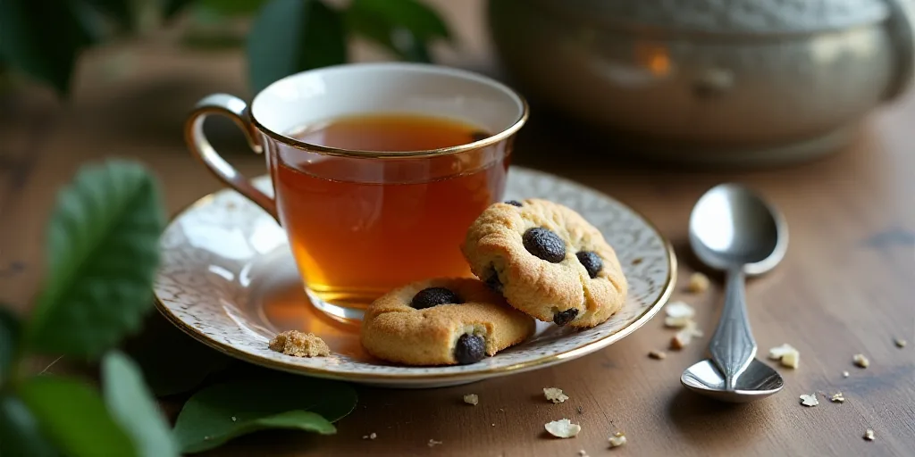 a cup of tea and some cookies on a plate and a spoon and spoon rest on a table with leaves, Clara Pe