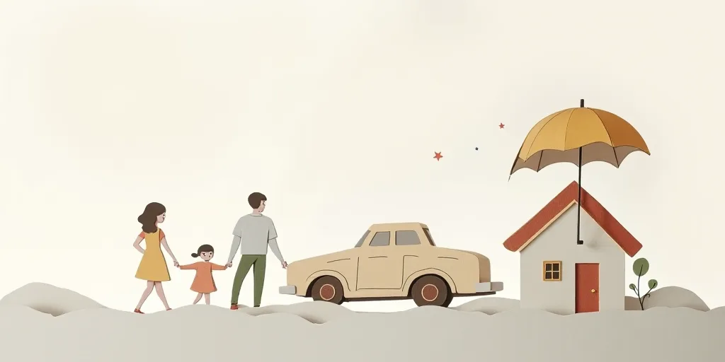 a cut out of paper of a family with a car and a house under an umbrella with a pair of scissors, Cui