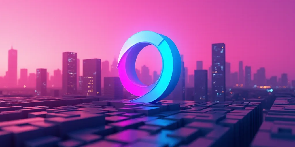 a digital image of a city with a blue and pink logo on it and a pink and purple background, Eddie Me