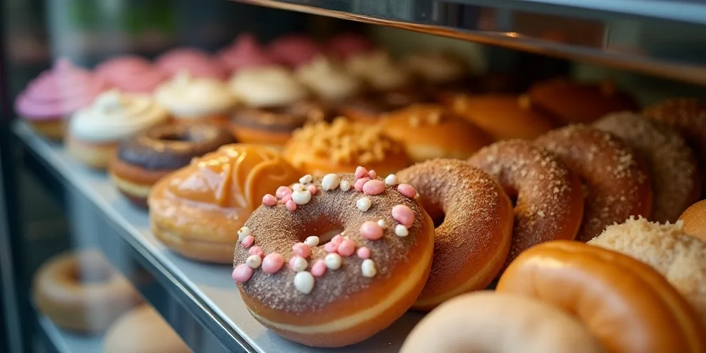a display case filled with lots of different types of donuts and pastries in a bakery window display