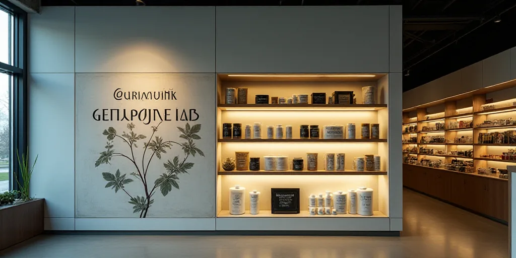 a display in a store with a sign for a company called genomina lab on it's side, Aquirax Uno, biopun