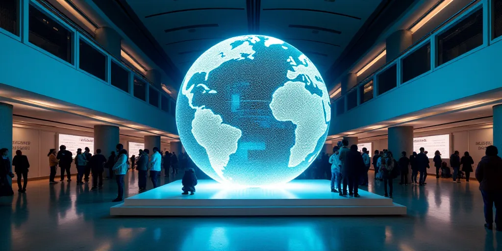 a display of a globe in a building with people standing around it and a sign that says el futuro del