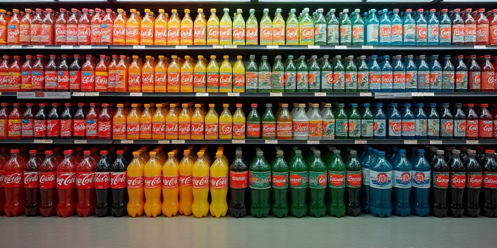 a display of soft drinks in a store aisle with a variety of colors and flavors on the shelves of the