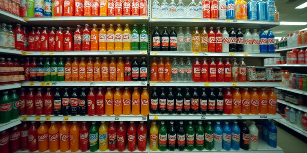a display of soft drinks in a store aisle with a variety of colors and flavors on the shelves of the