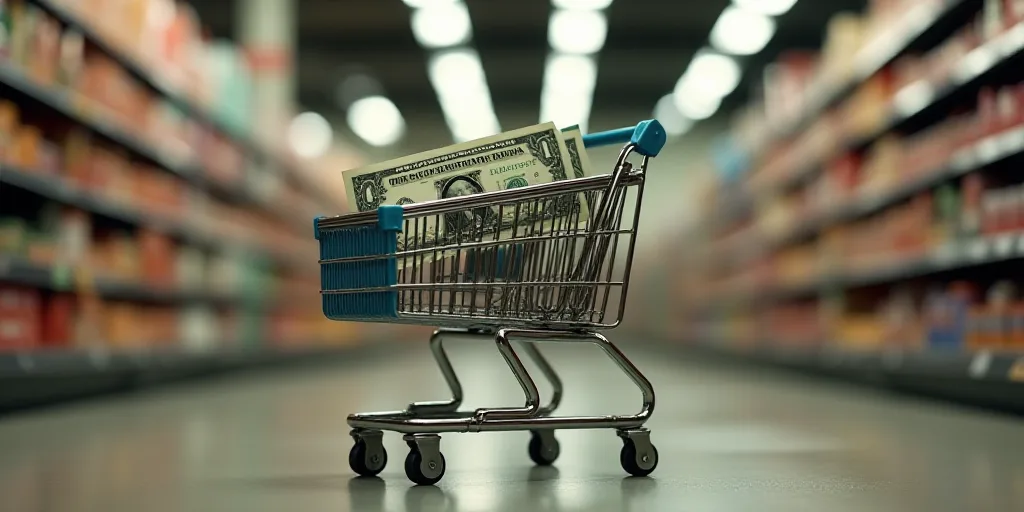 a dollar bill in a shopping cart and a shopping cart with a dollar bill in it in a grocery store, Do