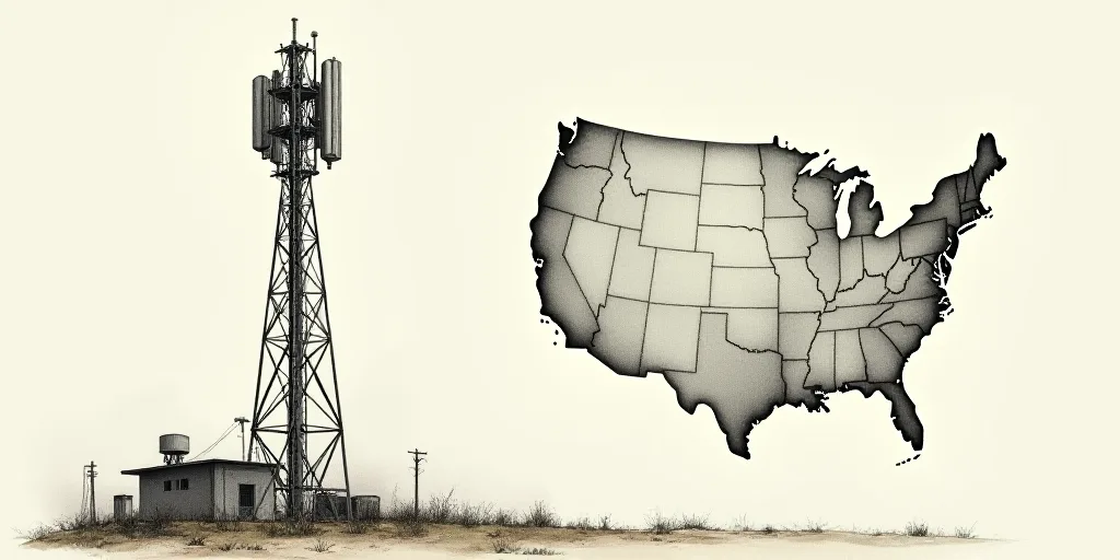 a drawing of a cell phone tower with a map of the united states on it and a cell phone tower with a