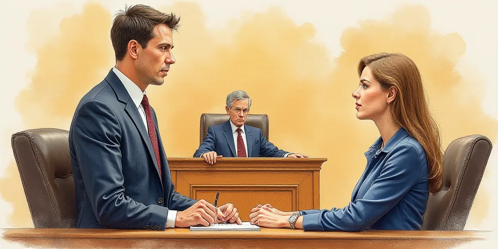 a drawing of a man and woman in court looking at each other in a courtroom room with a judge, Edward