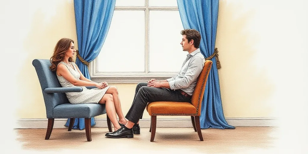 a drawing of a woman sitting next to a man in a chair in front of a window with a blue curtain, Ceci