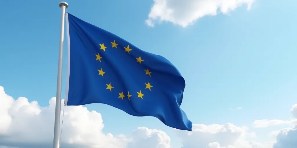 a european flag flying in the wind on a sunny day with clouds in the background and a blue sky with