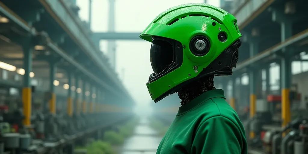 a factory with a lot of machinery and a green helmet on it's head and a man in a green shirt, Cao Zh