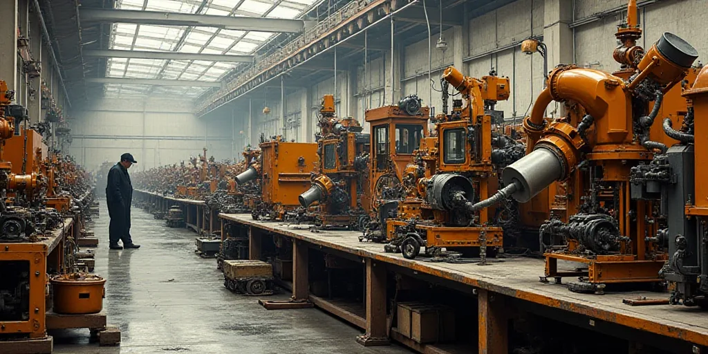 a factory with a lot of machinery in it's assembly line and a worker in the background working on ma