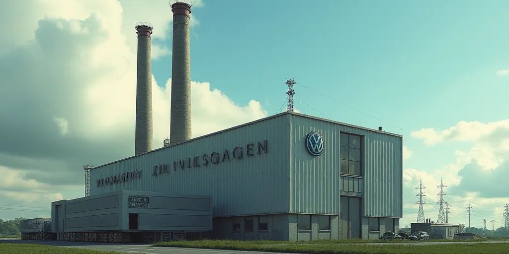 a factory with a sign on the side of it that says volkswagen in front of a cloudy sky with a blue sk