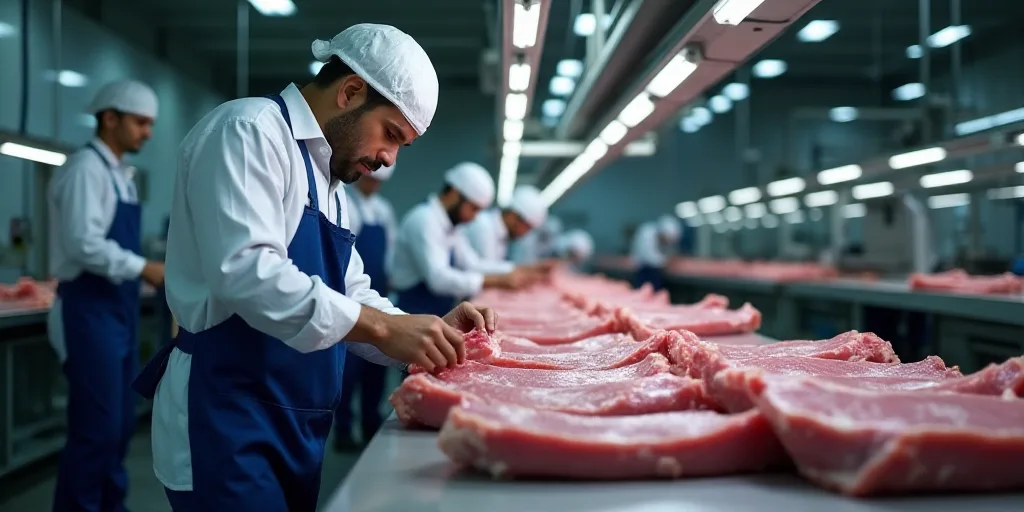 a factory with workers working on a piece of meat in the process of assembly and assembly line, with