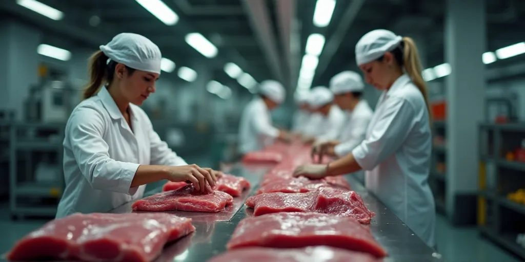 a factory with workers working on a piece of meat in the process of assembly and assembly line, with