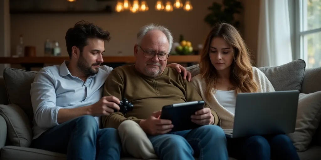 a family sitting on a couch looking at a tablet computer and a laptop computer on their lap, while a