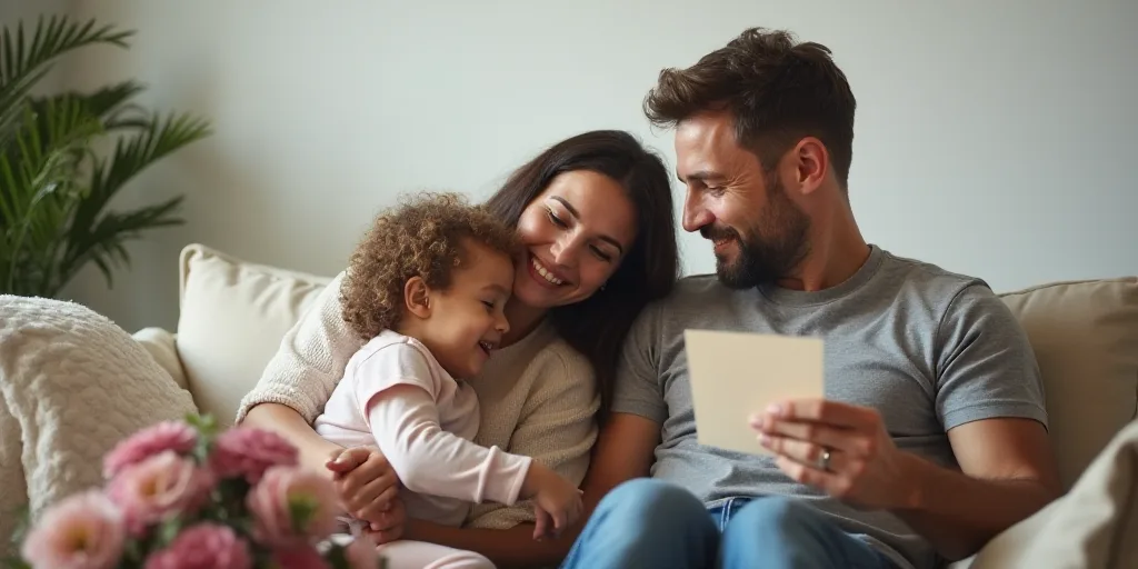 a family sitting on a couch with a bouquet of flowers and a card in front of them, and a man holding