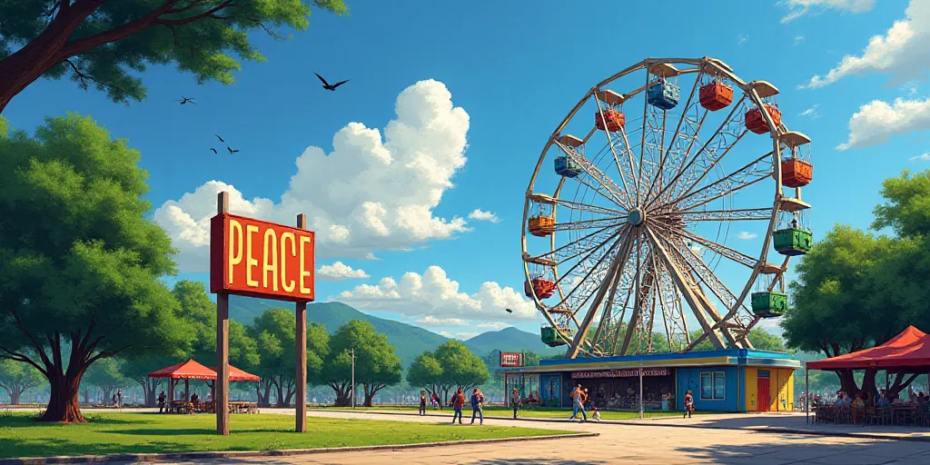 a ferris wheel and a sign that says peace in front of a park with a blue sky in the background, Fede