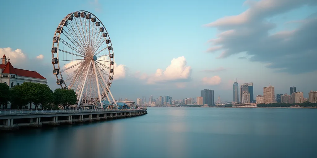 a ferris wheel sitting next to a body of water near a city skyline with a ferris wheel in the distan