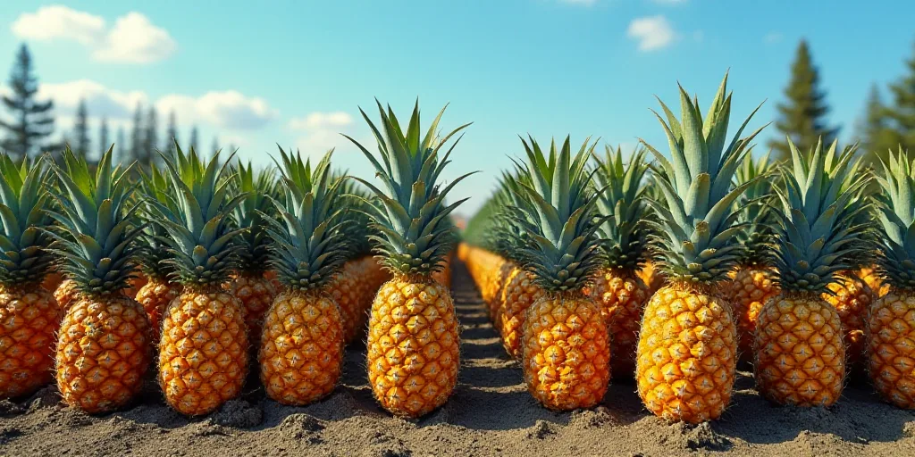 a field of pineapples with rows of pineapple trees in the background and a blue sky in the backgroun