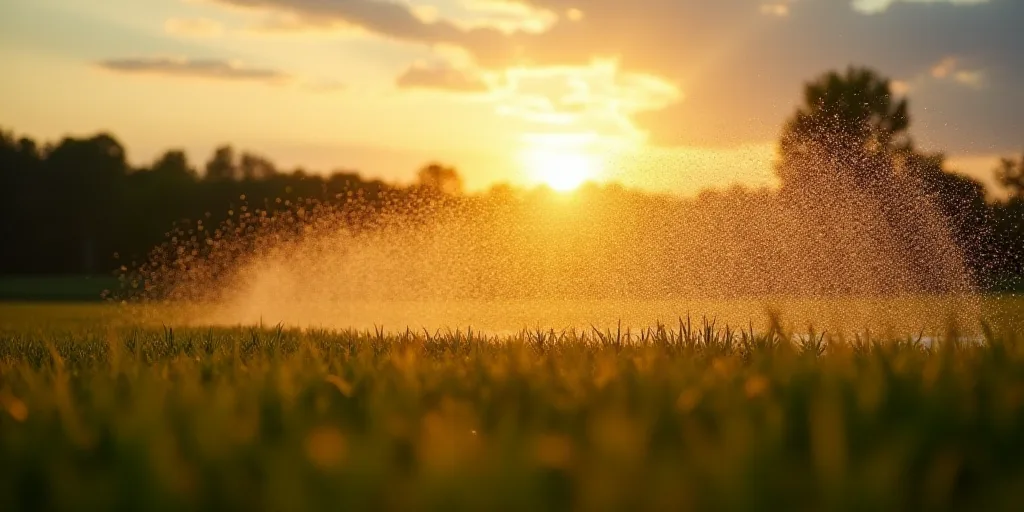 a field with a lot of sprinkles in the middle of it and a sun in the background, Andries Stock, wate