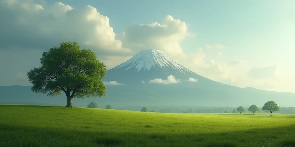 a field with a tree and a mountain in the background with a cloudy sky above it and a green field wi