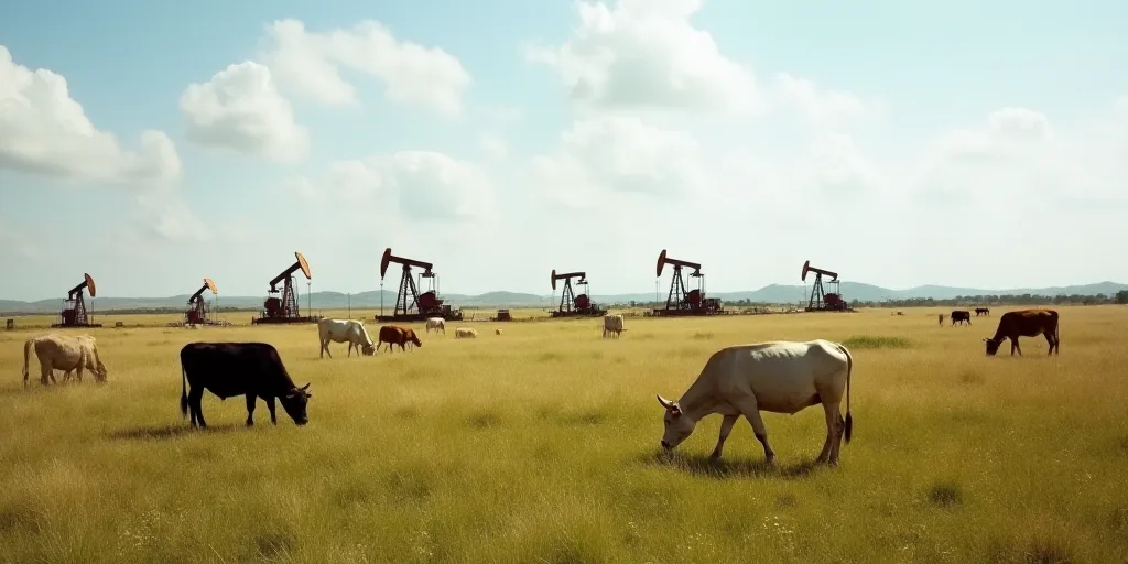 a field with oil pumps and cows grazing in the grass and a few cows grazing in the foreground, Andri
