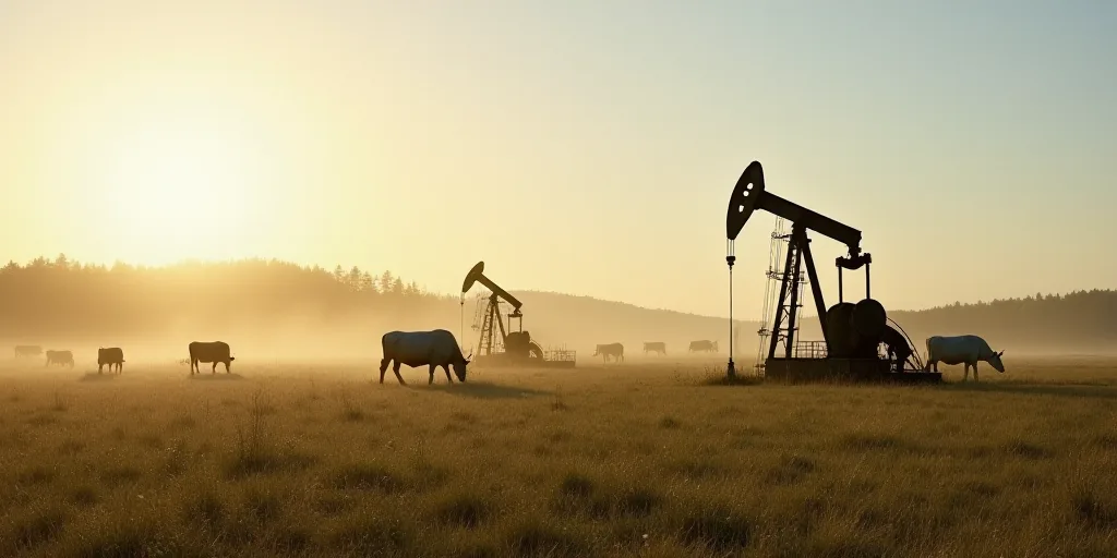 a field with oil pumps and cows grazing in the grass and a few cows grazing in the grass in the fore