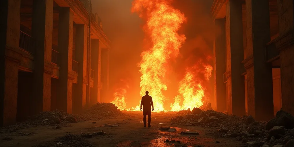 a fire is burning in a building with lots of debris in it and a man standing in the middle of the fi
