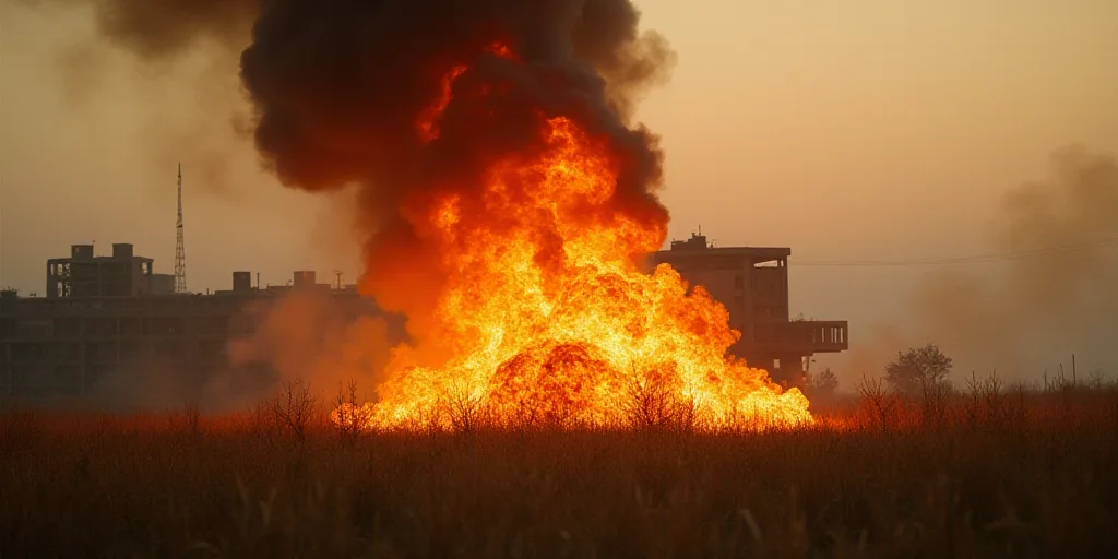 a fire is burning in a field with a large object in the background and a building in the background,