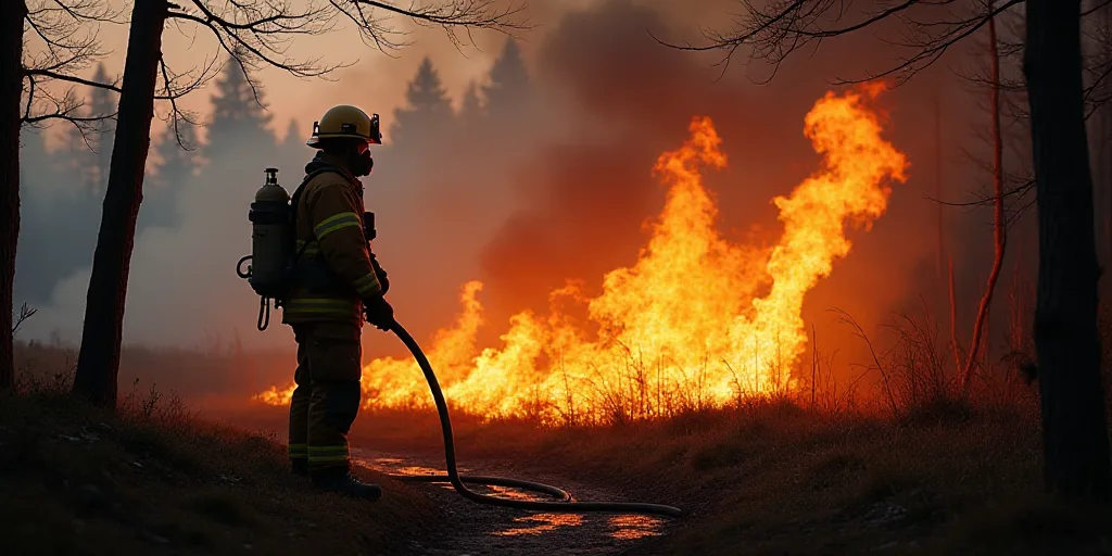 a firefighter is standing near a fire in the woods with a hose in his hand and a fire in the ground,